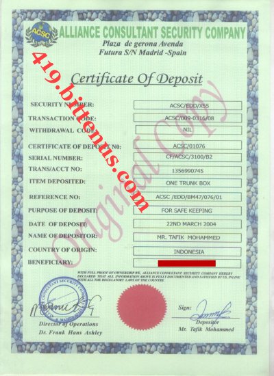 Certificate of deposit of the consignment box